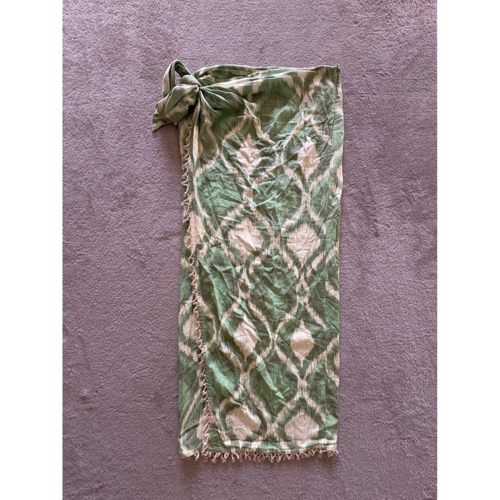 Zara Green Ikat Print Beaded Fringe Wrap Midi Skirt Side Tie Womens XS